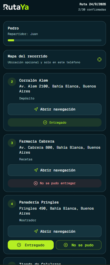 Recorrido móvil de RutaYa con navegación y confirmación de entregas.